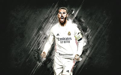 Sergio Ramos, Real Madrid, Spanish footballer, Sergio Ramos art, La Liga, football, gray stone background