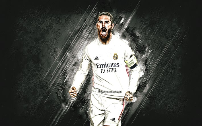 Sergio Ramos, Real Madrid, footballeur espagnol, Sergio Ramos art, La Liga, football, fond de pierre grise