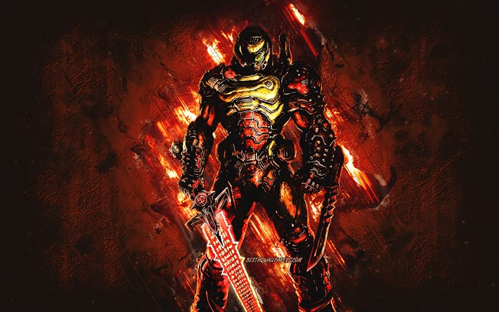 Doom Eternal Slayer, Doom, art grunge, fond de pierre orange, Doom Slayer, personnages Doom, Sentinelles de la nuit
