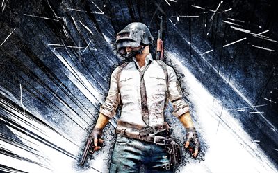 4k, PlayerUnknowns Battlegrounds grunge art, PUBG characters, main character, blue abstract rays, PlayerUnknowns Battlegrounds character