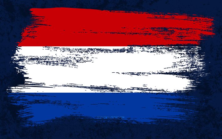 4k, Bandeira da Holanda, bandeiras do grunge, pa&#237;ses europeus, s&#237;mbolos nacionais, pincelada, bandeira holandesa, arte do grunge, bandeira da Holanda, Europa, Holanda