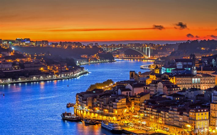 Porto, kv&#228;ll, solnedg&#229;ng, Porto stadsbild, Maria Pia Bridge, Porto panorama, Portugal