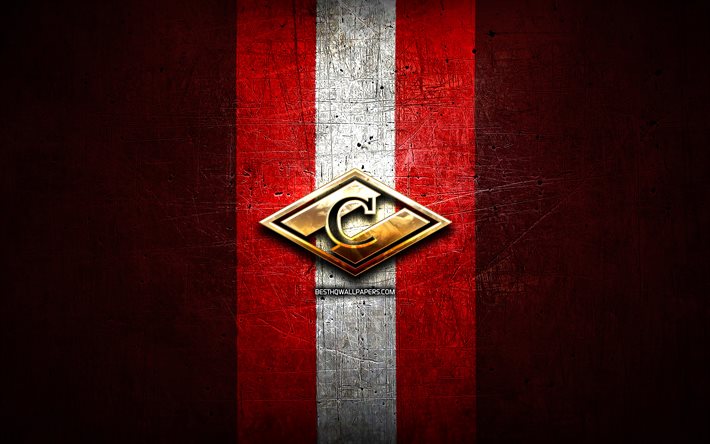 hc spartak moskau, goldenes logo, khl, roter metallhintergrund, russische eishockeymannschaft, kontinental hockey league, spartak moskau logo, hockey