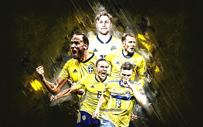 L&#39;&#233;quipe nationale de football de Su&#232;de, fond de pierre jaune, la Su&#232;de, le football, Marcus Berg, Andreas Granqvist, Emil Forsberg