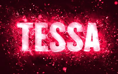 Happy Birthday Tessa, 4k, pink neon lights, Tessa name, creative, Tessa Happy Birthday, Tessa Birthday, popular american female names, picture with Tessa name, Tessa