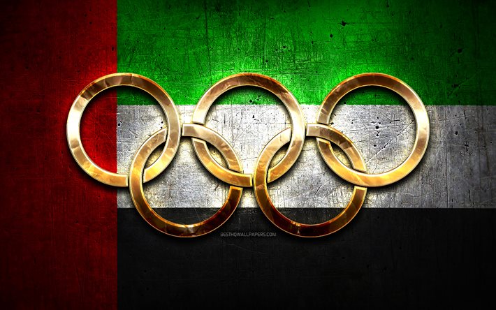 F&#246;renade Arabemiratens olympiska lag, gyllene olympiska ringar, F&#246;renade Arabemiraten vid OS, kreativ, F&#246;renade Arabemiratens flagga, metallbakgrund, F&#246;renade Arabemiraten