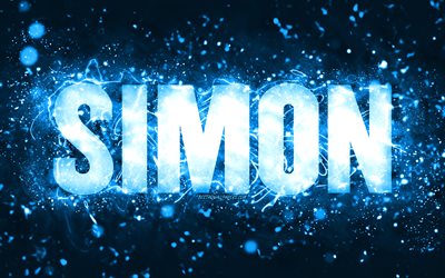Happy Birthday Simon, 4k, blue neon lights, Simon name, creative, Simon Happy Birthday, Simon Birthday, popular american male names, picture with Simon name, Simon