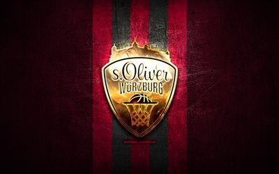 sOliver Wurzburg, golden logo, BBL, purple metal background, german basketball club, Basketball Bundesliga, sOliver Wurzburg logo, basketball