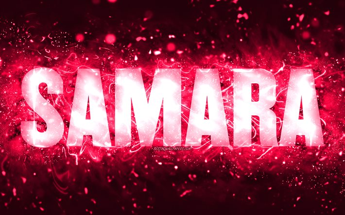 Buon compleanno Samara, 4k, luci al neon rosa, nome Samara, creativo, buon compleanno Samara, compleanno Samara, nomi femminili americani popolari, foto con nome Samara, Samara
