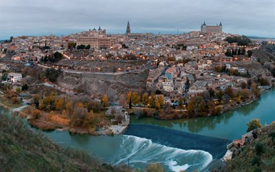 Toledo, tarde, puesta de sol, río, Catedral de Toledo, panorama de Toledo, paisaje urbano de Toledo, España