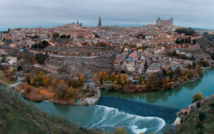 Toledo, sera, tramonto, fiume, Cattedrale di Toledo, panorama di Toledo, paesaggio urbano di Toledo, Spagna