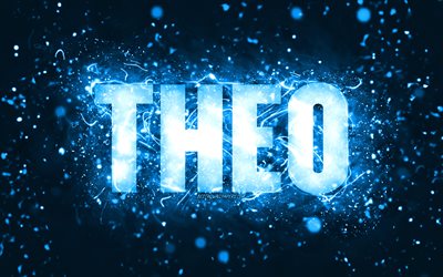 Joyeux anniversaire Theo, 4k, n&#233;ons bleus, nom de Jake, cr&#233;atif, Theo Happy Birthday, Theo Birthday, noms masculins am&#233;ricains populaires, photo avec le nom de Theo, Theo