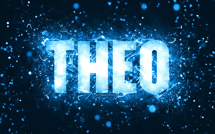 Grattis p&#229; f&#246;delsedagen Theo, 4k, bl&#229; neonljus, Jake-namn, kreativ, Theo Grattis p&#229; f&#246;delsedagen, Theo f&#246;delsedag, popul&#228;ra amerikanska manliga namn, bild med Theo-namn, Theo