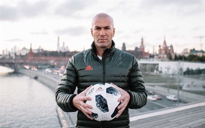 Adidas Telstar 18, official ball, 2018 FIFA World Cup, Zinedine Zidane, photo shoot, Russia 2018, portrait, French footballer, coach, football, international football tournament