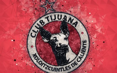 Club Tijuana, 4k, geometric art, logo, Mexican football club, red abstract background, Primera Division, Tijuana, Mexico, football, Liga MX, Xolos de Tijuana