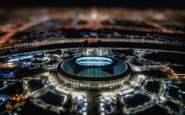 Luzhniki Stadium, evening, top view, blur, sports arena, main stadium, 2018 FIFA World Cup, Moscow, Russia, World Cup, Russia 2018, stadiums, largest football stadium in Russia