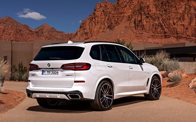 BMW X5, 2019, 4k, G05, vista posterior, exterior, SUV de lujo, blanco nuevo X5, luces traseras, los coches alemanes, BMW