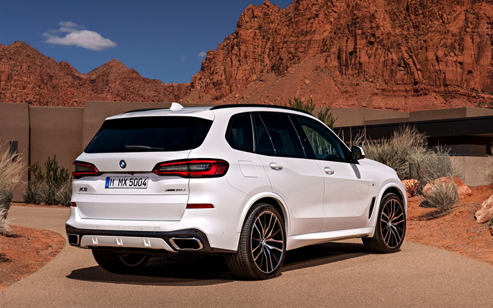 BMW X5, 2019, 4k, G05, الرؤية الخلفية, الخارجي, سيارات الدفع الرباعي الفاخرة, الأبيض الجديد X5, المصابيح الخلفية, السيارات الألمانية, BMW