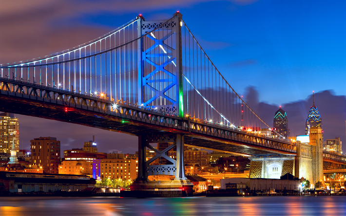 Benjamin Franklin Bridge, 4k, nightscapes, Philadelphia, USA, America