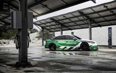 Audi A3, Schaeffler, 2018, electric car, sedan, tuning A3, black wheels, white green A3, 4 e-Performance, charging station for electric cars, Audi