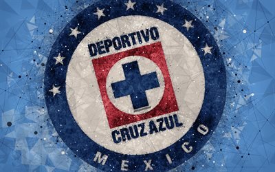 Cruz Azul FC, 4k, geometrinen taide, logo, Meksikon football club, sininen abstrakti tausta, Primera Division, Mexico City, Meksiko, jalkapallo, Liga MX