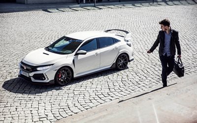 Honda Civic Type R, 2018, exterior, side view, white hatchback, tuning, new white Civic, Japanese cars, Honda