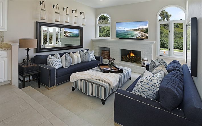 modern living room interior, blue sofas, classic style, white walls, living room design