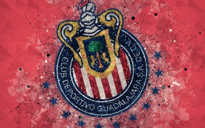 CD Chivas Guadalajara, 4k, geometriska art, logotyp, Mexikansk fotboll club, red abstrakt bakgrund, Primera Division, Guadalajara, Mexiko, fotboll, Liga MX