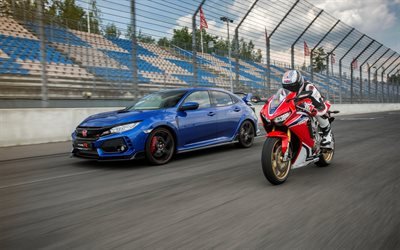 Honda CBR650F, 2018, Honda Civic Type R, race track, sports bike, tuning, new blue Civic, hatchback, Japanese sports cars, Honda