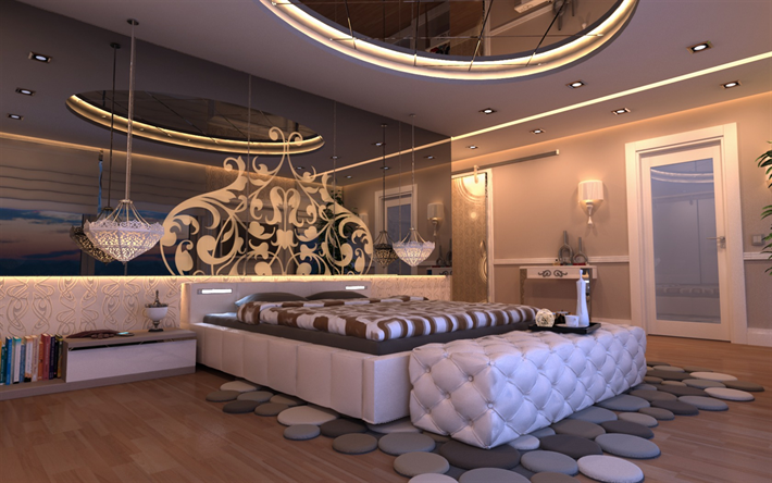modern bedroom design, mirror on the wall, large luxurious bed, stylish interior, bedroom, classic style, interior design