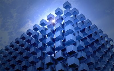 blu cubi 3d, blu, cielo, architettura 3d, il sole, la moderna facciata, moderni edifici, progettazione di facciate