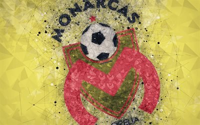 Monarcas Morelia, 4k, geometrik sanat, logo, Meksika Futbol Kul&#252;b&#252;, sarı soyut arka plan, real Morelia, Meksika, futbol, Lig MX