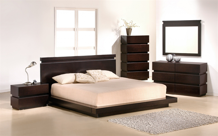 camera da letto, moderno, elegante design di interni, mobili in legno scuro, le camere da letto del progetto