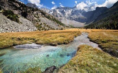 Central Alps, mountain river, field, valley, mountain landscape, glacier, Alps