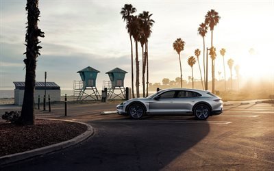 Porsche Mission E Cross Turismo, 2018, side view, exterior, luxury coupe, morning, parking, beach, USA, sunrise, German cars, Porsche