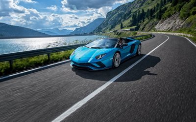 El Lamborghini Aventador Roadster, 4k, 2018 coches, carretera, supercars, azul Aventador, Lamborghini