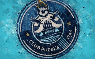 Puebla FC, 4k, geometriska art, logotyp, Mexikansk fotboll club, bl&#229; abstrakt bakgrund, Primera Division, Puebla de Zaragoza, Mexiko, fotboll, Liga MX, Club Puebla