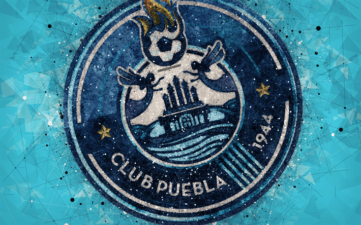 プエブラのFC, 4k, 幾何学的な美術, ロゴ, メキシコサッカークラブ, 青抽象的背景, Primera部門, プエブラデサラゴサ, メキシコ, サッカー, リーガMX, クラブプエブラ