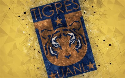 Tigres UANL, 4k, geometric art, logo, Mexican football club, yellow abstract background, Primera Division, Monterrey, Mexico, football, Liga MX, CF Tigres de la Universidad Autonoma de Nuevo Leon