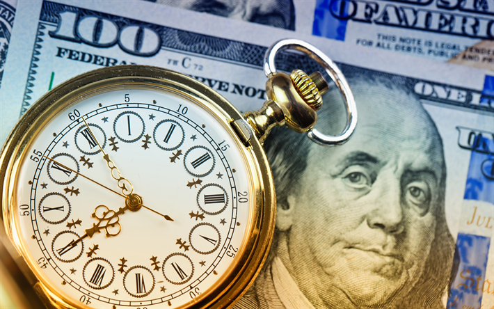 oro de relojes de bolsillo, d&#243;lares, el tiempo es dinero de los conceptos, las finanzas, d&#243;lares Americanos, inversiones