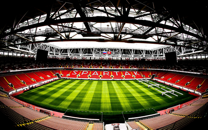 Spartak Est&#225;dio, Moscovo, &#39;s OTKRITIE Arena, vista de dentro, tribuna, campo de futebol, moderno novo est&#225;dio, Copa Do Mundo De 2018, campeonato do mundo, A r&#250;ssia 2018, A UEFA Categoria 4 Est&#225;dio