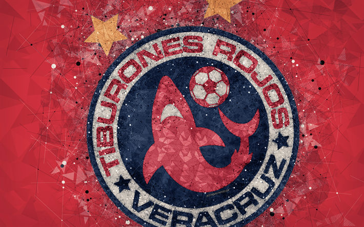 Veracruz FC, Tiburones Rojos de Veracruz, 4k, geometric art, logo, Mexican football club, red abstract background, Primera Division, Veracruz, Mexico, football, Liga MX
