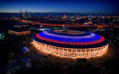 Luzhniki Stadium di Mosca, in Russia, notte, serata, bandiera russa, retroilluminazione, le calze, il principale stadio di calcio, Coppa del Mondo FIFA 2018, la Russia 2018, stadio, palazzetto dello sport, moderno stadio di sport