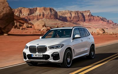 BMW X5, 2019, 4k, exterior, front view, G05, white luxury SUV, new white X5, German cars, BMW