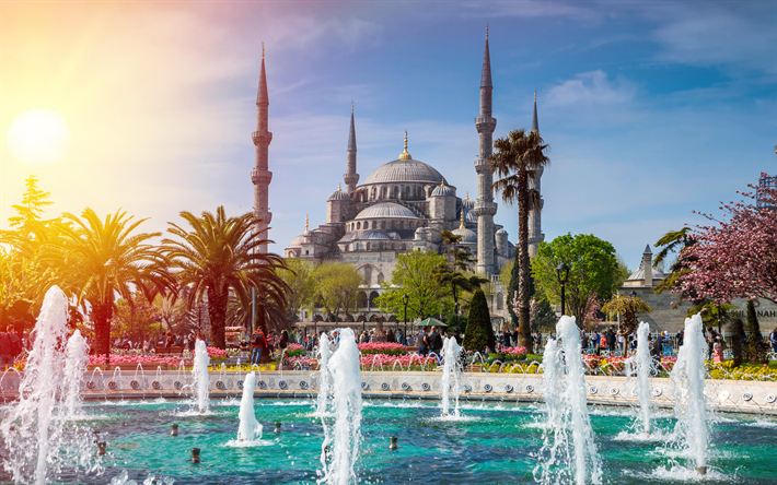 Sultan Ahmet Mosque, 4k, turkish landmarks, fountains, Blue Mosque, Istanbul, Turkey