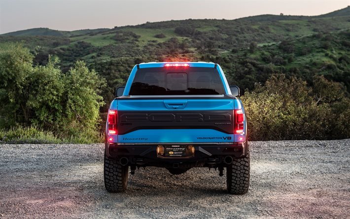 2020, Ford F-150 Raptor, Hennessey VelociRaptor V8, rear view, exterior, blue pickup truck, new blue F-150, tuning F-150 Raptor, american cars, Ford