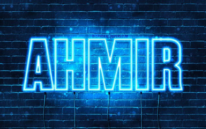 Ahmir, 4k, خلفيات أسماء, نص أفقي, Ahmir اسم, عيد ميلاد سعيد Ahmir, الأزرق أضواء النيون, صورة مع Ahmir اسم
