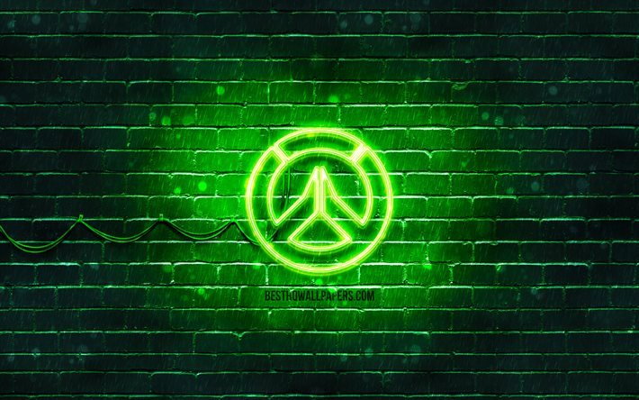 Overwatch vihre&#228; logo, 4k, vihre&#228; brickwall, Overwatch-logo, 2020-pelit, Overwatch neon-logo, Overwatch