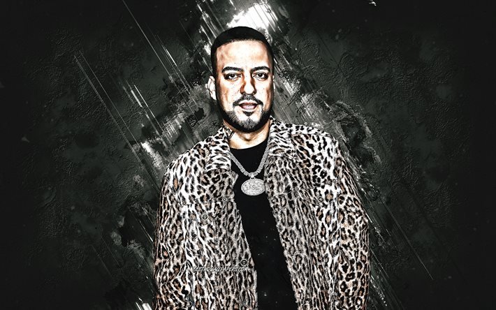 French Montana, american rapper, portrait, gray stone background, creative art, Karim Kharbouch