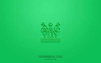 القضايا البيئية رمز 3d, خلفية خضراء, رموز ثلاثية الأبعاد, القضايا البيئية, أيقونات البيئة, أيقونات ثلاثية الأبعاد, علامة البيئة, القضايا البيئية أيقونات ثلاثية الأبعاد